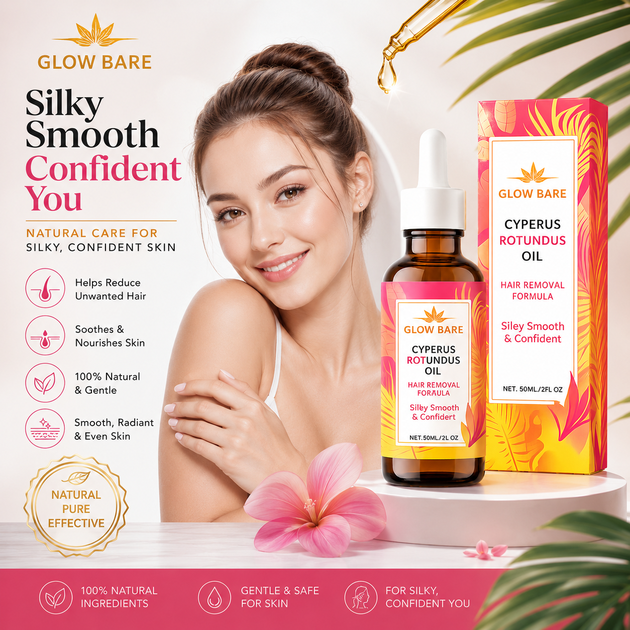 Cypress Rotundus Oil packaging with a woman and product 